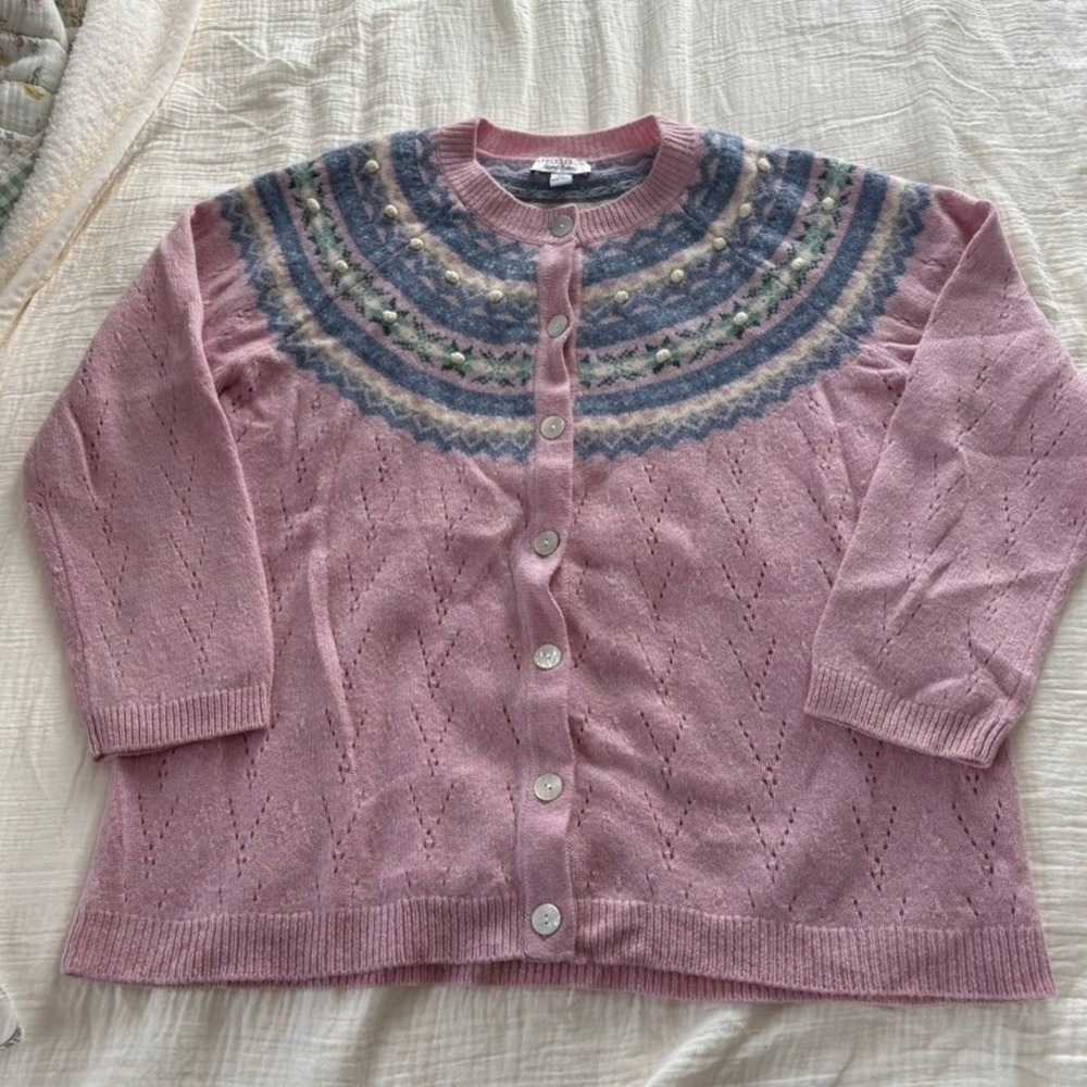 Appleseed's Cardigan Fair Isle Beaded Wool Pink Button Front Knit Sweater XL